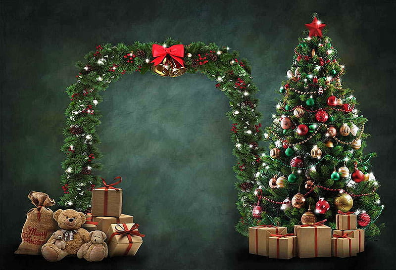 Christmas Time, art, ornaments, tree, gifts, Teddybears, HD wallpaper