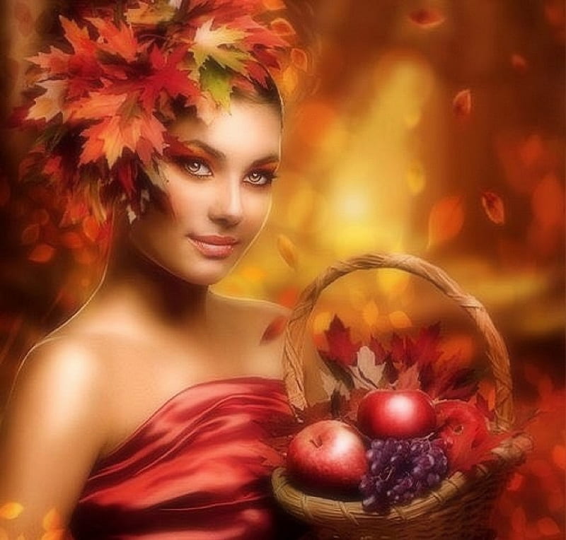 Lady in Autumn, colorful, fall season, autumn, fruits, love four seasons, attractions in dreams, creative pre-made, digital art, woman, leaves, fantasy, manipulation, basket, weird things people wear, forests, HD wallpaper