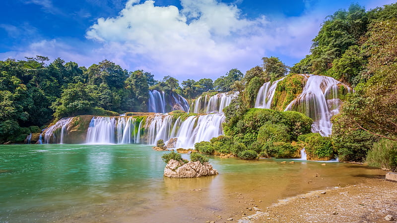 Tropical Waterfall, river, cascades, sky, trees, clouds, HD wallpaper ...