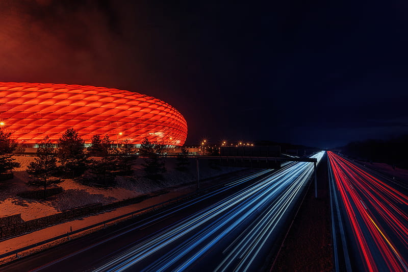 Munich Football Stadium At Night, stadium, graphy, long-exposure, lights, HD wallpaper