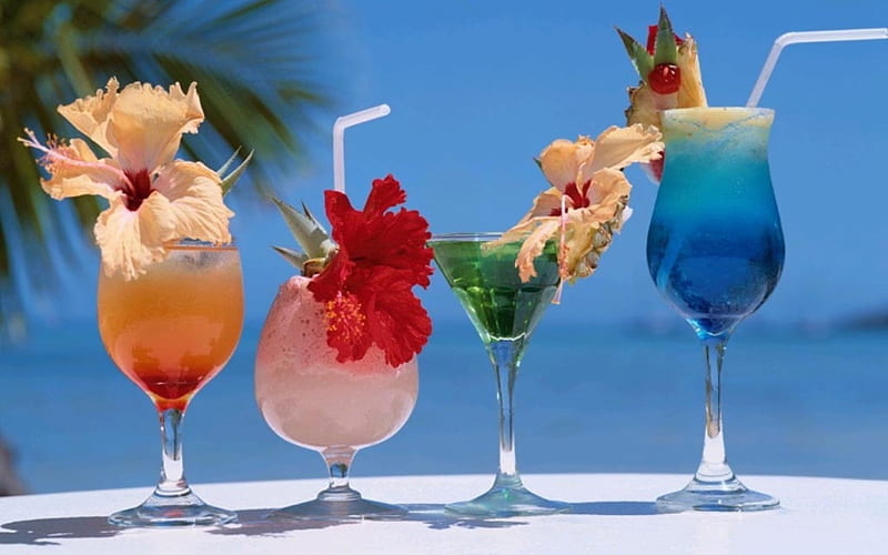 Cocktails, sky, sea, hibiscus, glasses, summer, HD wallpaper