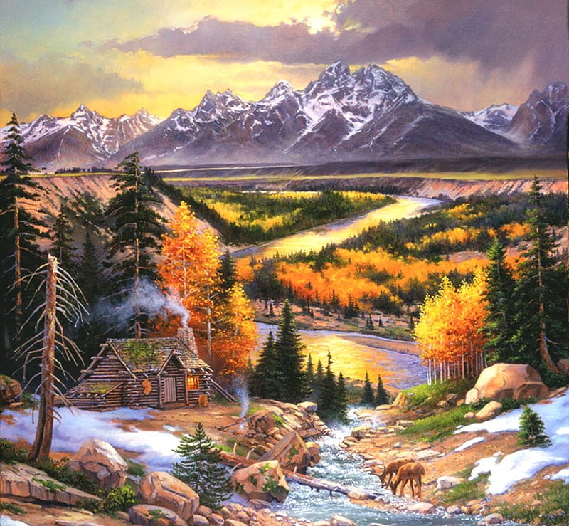 Fall Retreat, autumn, mountains, painting, river, cabin, artwork, landscape, deer, HD wallpaper