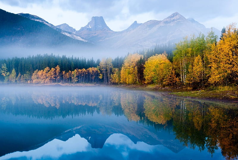 Misty Morning, autumn, water, mountains, dust, clouds, landscape, HD wallpaper