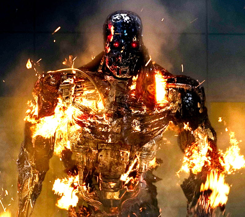 Terminator, burn, fire movie, new, skeleton, terminator salvation, HD wallpaper