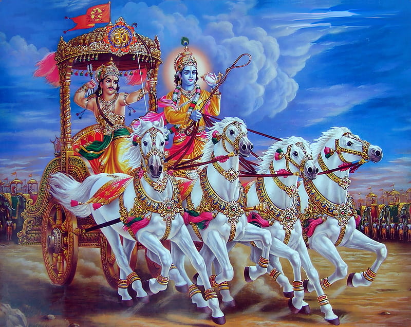Krishna Arjuna, caring, loving, god, hinduism, HD wallpaper