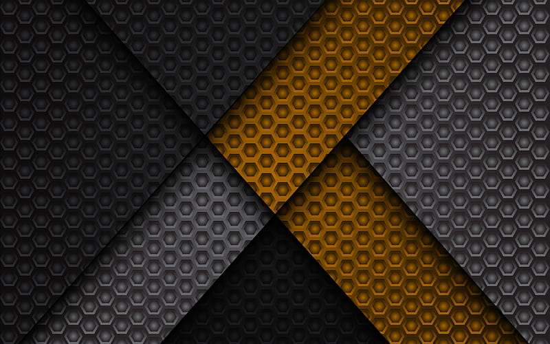 material design, metal grid pattern, black and yellow, lollipop, lines, geometric shapes, geometry, creative, strips, black backgrounds, abstract art, HD wallpaper
