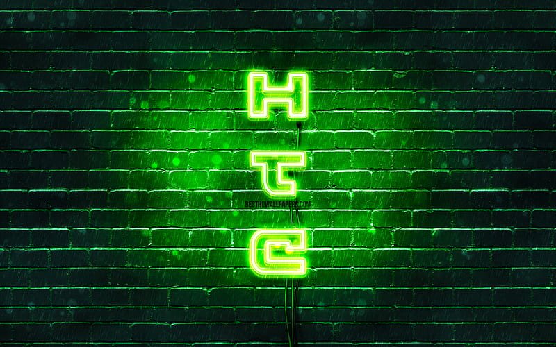 HTC green logo, vertical text, green brickwall, HTC neon logo, creative, HTC logo, artwork, HTC, HD wallpaper
