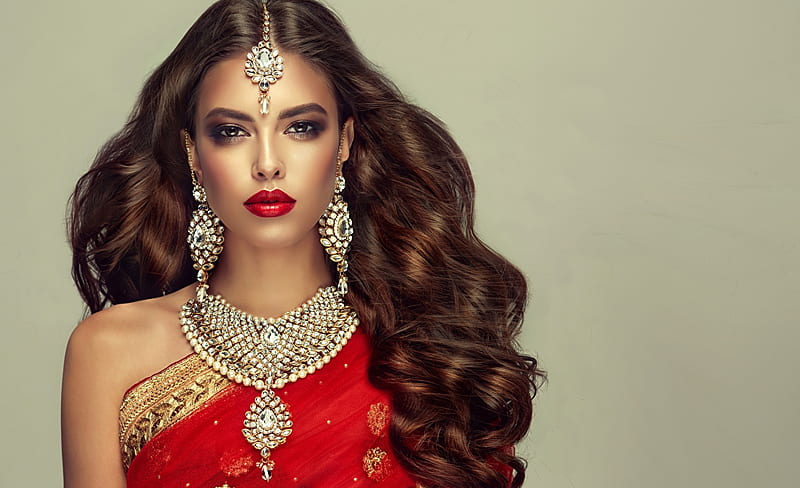 Pretty woman, Brown hair, Jewellery, Glance, Red lips, HD wallpaper