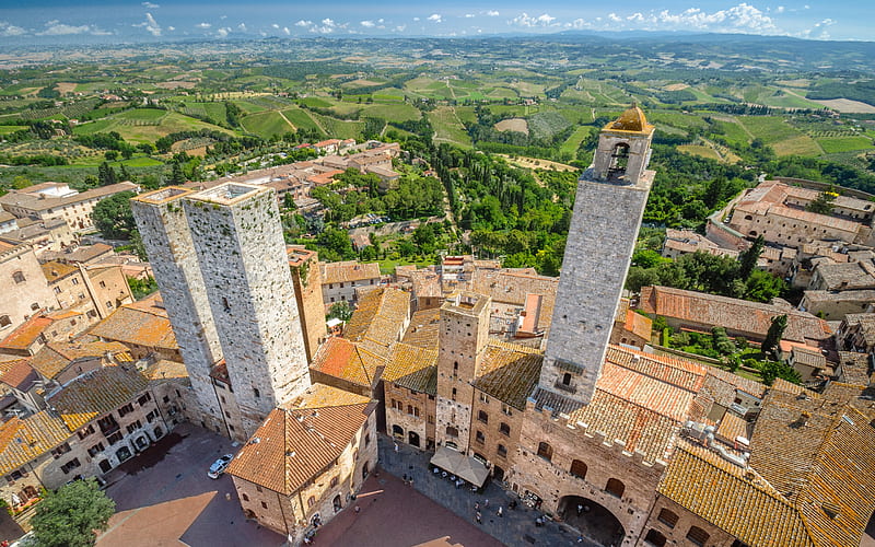 San Gimignano, Torre Rognosa, The Town Hall, valley, evening, San Gimignano cityscape, Tuscany, Siena, Italy, HD wallpaper