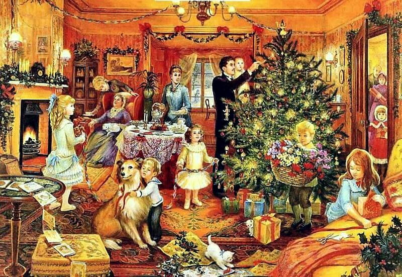 Christmas Dinner, table, christmas tree, christmas, holiday, victorian, cat, garland, fireplace, people, room, gifts, HD wallpaper