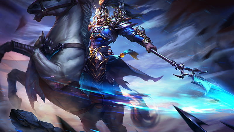 Zhao Yun, luminos, man, horse, mobile legends, fantasy, warrior, white, blue, HD wallpaper