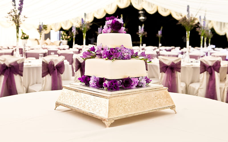 Wedding cake, purple flowers, wedding, floral decoration, cake, wedding decoration, HD wallpaper