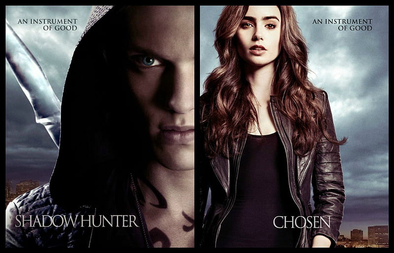 The Mortal Instruments: City of Bones (2013), Jamie Campbell Bower, male, movie, Lily Collins, black, man, by cehenot, collage, woman, antasy, afis The Mortal Instruments City of Bones, fantasy, girl, actress, actor, blue, HD wallpaper