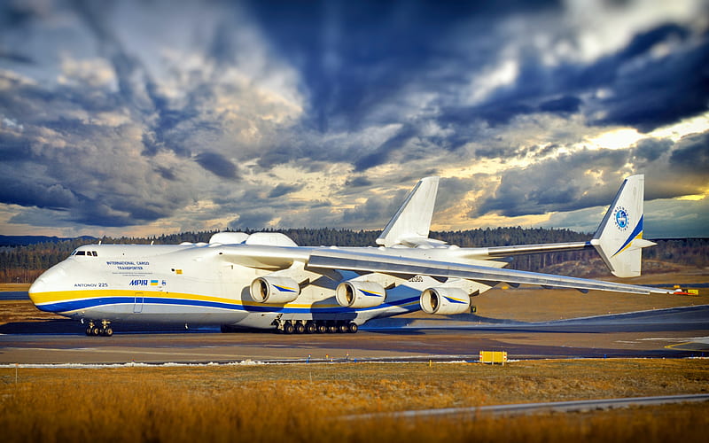 AN-225, Antonov, aerodrome, cargo plane, Cossack, clouds, Antonov An-225 Mriya, transport aircraft, AN225, Antonov Airlines, Ukrainian aircraft, HD wallpaper