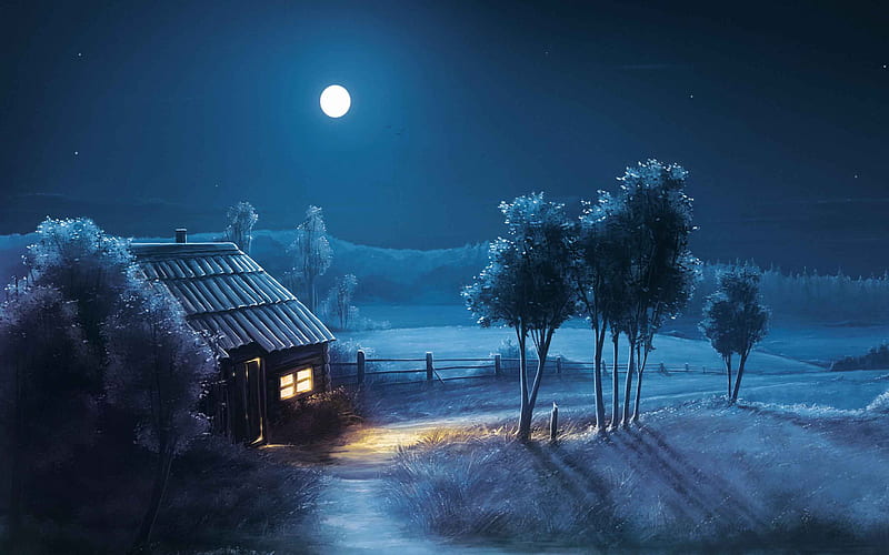 moon, darkness, nigth, village, HD wallpaper