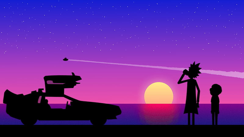 Sunset, rick and morty, silhouette, synthpop, fantasy, vara, car ...