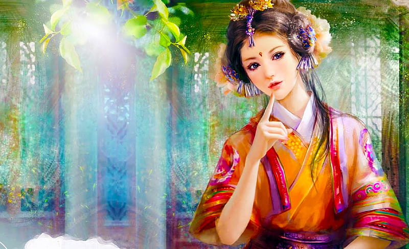 Pretty Geisha, pretty, colorful, art, female, bonito, woman, kimono ...