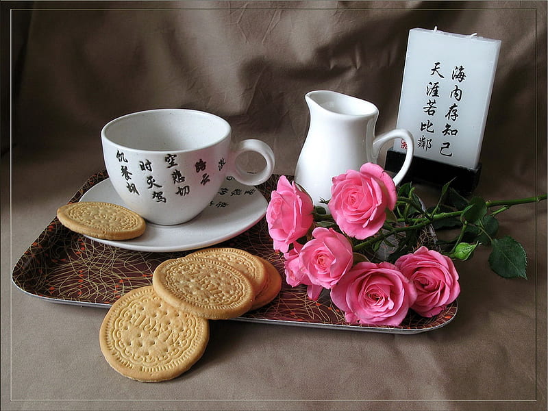 Time for a cup of tea., biscuit, rose, sign, tea, still life, cookie, tray, cup, flower, jug, HD wallpaper