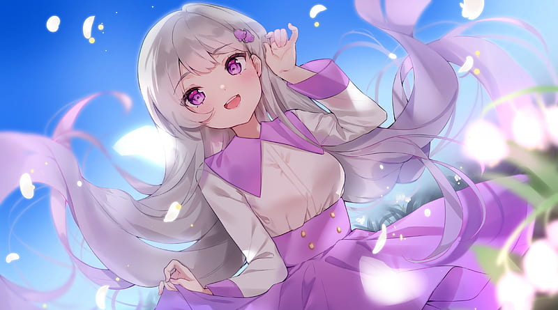 white hair, purple eyes, anime girl, long hair, Anime, HD wallpaper