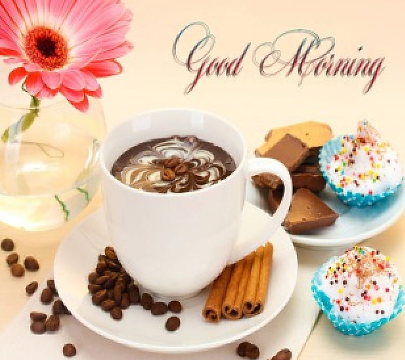  Buenos días, hora del desayuno, café, chocolate, flor, vaso, granos de café, Fondo de pantalla HD