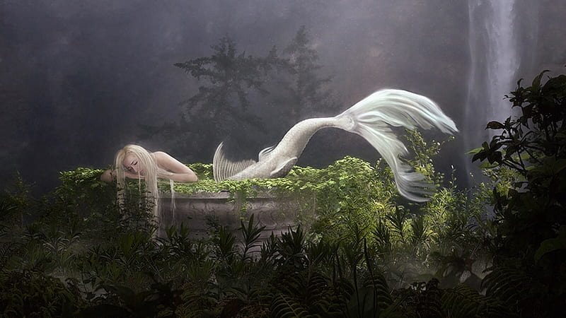 Albino Mermaid, enchanting, Mermaid, waterfall, white, Fantasy, Moss, Albino, forest, magical, mythical, HD wallpaper