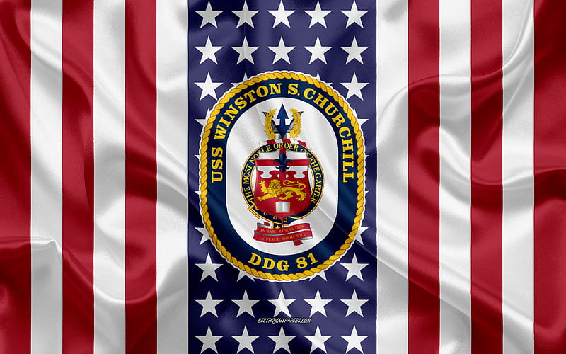 USS Winston S Churchill Emblem, DDG-81, American Flag, US Navy, USA, USS Winston S Churchill Badge, US warship, Emblem of the USS Winston S Churchill, HD wallpaper