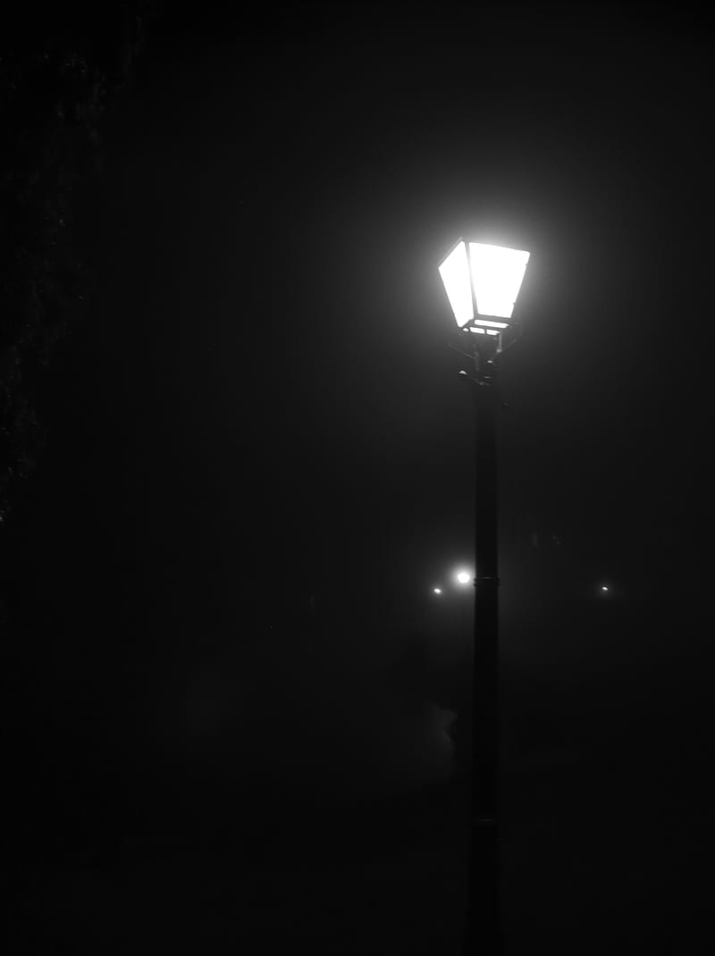 lantern, light, fog, night, black and white, black, HD phone wallpaper