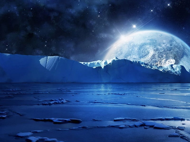 Ice Planet, water, planet, ice, nature, sea, night, star, cold, HD wallpaper