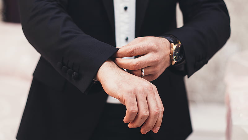 A man's hands adjusting the cuffs of his black suit, HD wallpaper