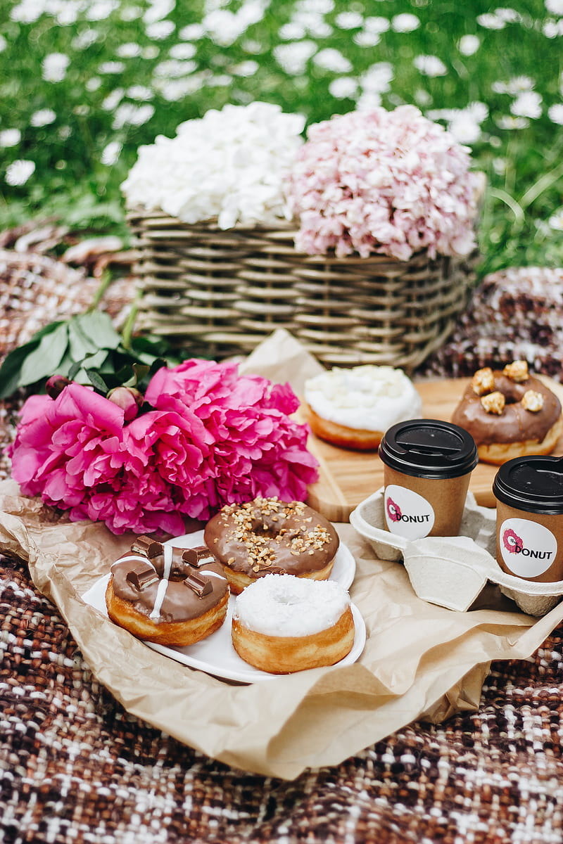 picnic, donut, coffee, peony, flowers, HD phone wallpaper