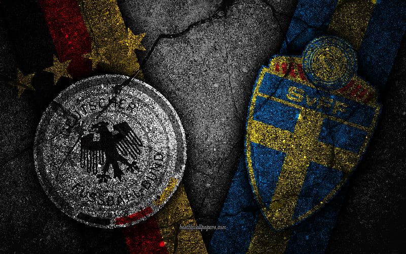 Germany vs Sweden FIFA World Cup 2018, Group F, logo, Russia 2018, Soccer World Cup, Sweden football team, Germany football team, black stone, asphalt texture, HD wallpaper