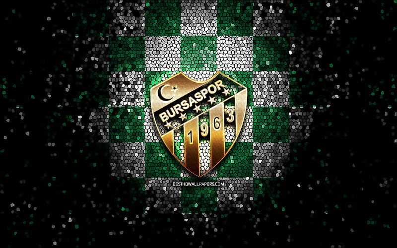 Bursaspor FC, glitter logo, 1 Lig, green white checkered background, soccer, turkish football club, Bursaspor logo, mosaic art, TFF First League, football, Bursaspor, HD wallpaper