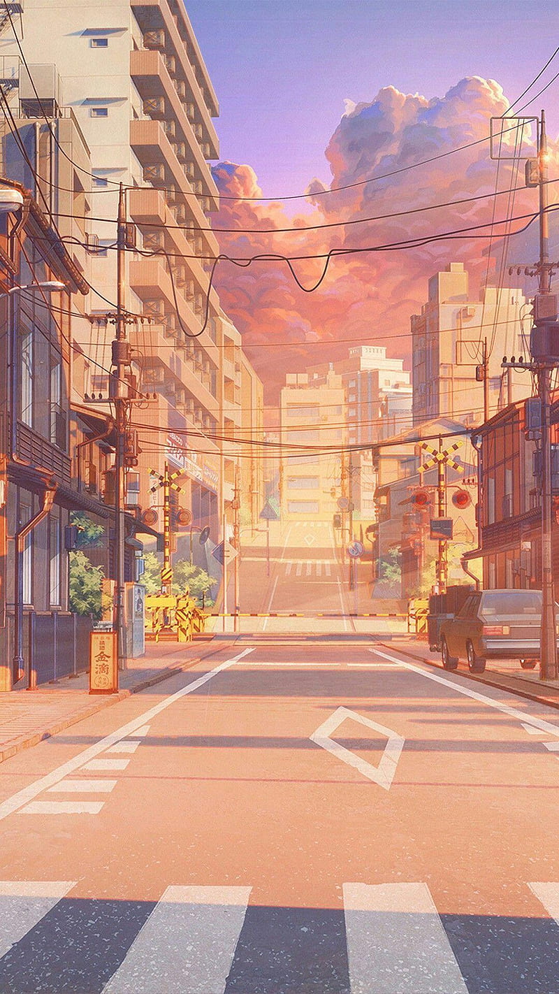 Aesthetic anime town, 0w0, calming, street, sunset, thanks, HD phone wallpaper