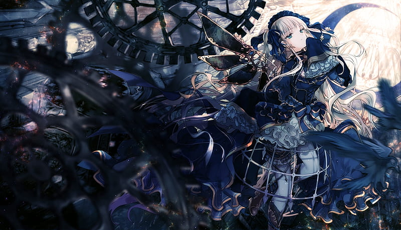Night Fortress, Anime, bonito, Frills, Sweet, Blonde, Long Hair, Girl, Wings, Light, Lovely, Blue Eyes, Wheels, Cage, Long Gown, Darkness, Curious, Ra-bit, Goth-loli, Cute, Lolita, Gothic, Blue Dress, Boots, White Socks, Ribbons, HD wallpaper