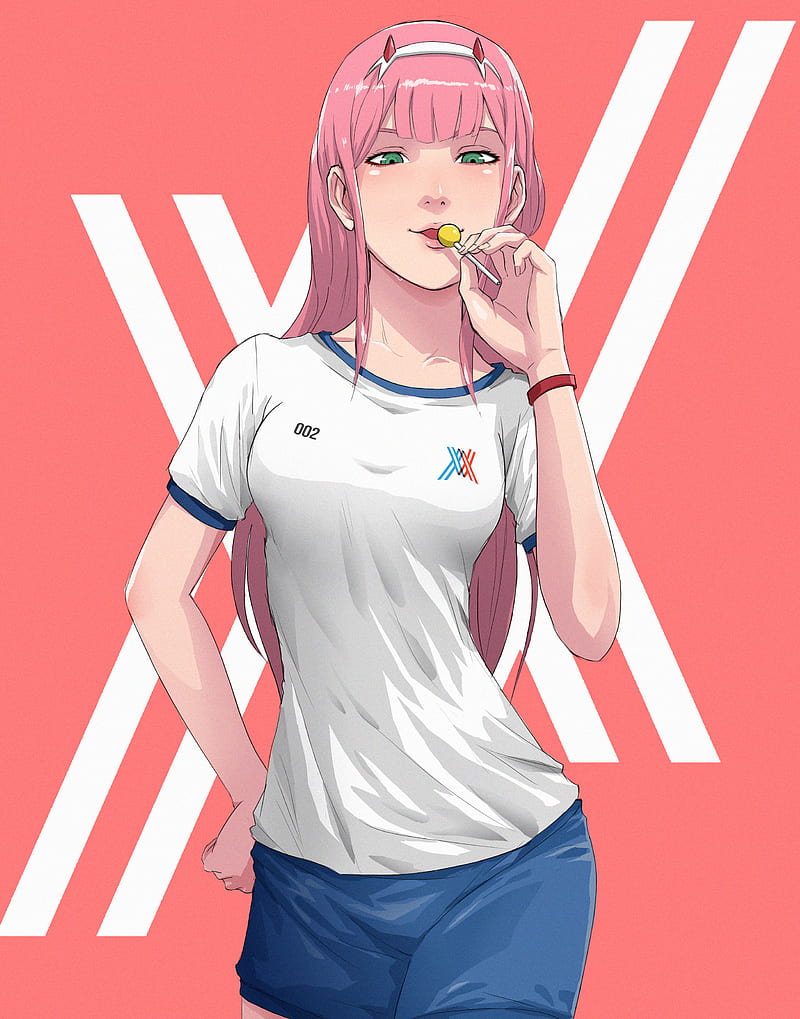 Darling in the FranXX, anime girls, long hair, pink hair, green eyes, gym clothes, white t-shirt, Zero Two (Darling in the FranXX), horns, simple background, lollipop, anime, HD phone wallpaper