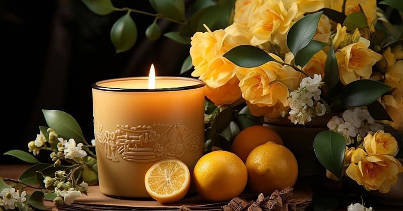 Burning candle, Candle, Flowers, Yellow, Lemons, HD wallpaper