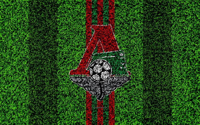 FC Lokomotiv Moscow logo, grass texture, Russian football club, red green lines, football lawn, Champion of Russia 2018, Russian Premier League, Moscow, Russia, football, HD wallpaper