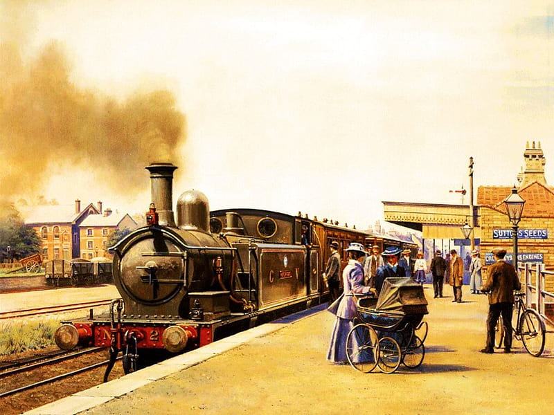 Railway Station, railroad, people, painting, steam, steamtrain, HD wallpaper