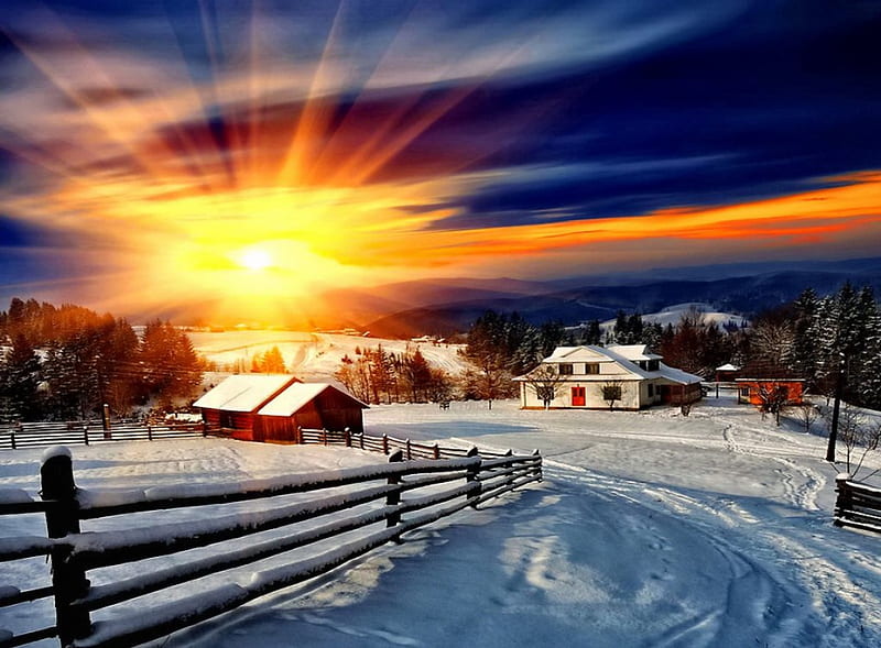 Last sun rays over the small village, fence, pretty, glow, cottages, sun, dazzling, dusk, shine, cabin, bonito, clouds, mountain, nice, calm, village, evening, light, last, amazing, lovely, houses, sky, winter, rays, snow, slope, peaceful, nature, HD wallpaper