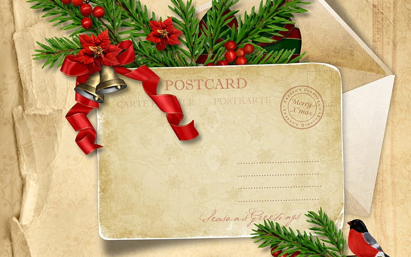 Dear Santa, red, christmas, ribbon, postcard, bell, bow, card, mistletoe, green, bird, vintage, letter, HD wallpaper