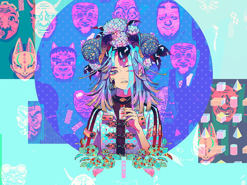 Anime, masks, glitch art, aki akane, art , , , background, 338ee4, Glitch Girl, HD wallpaper