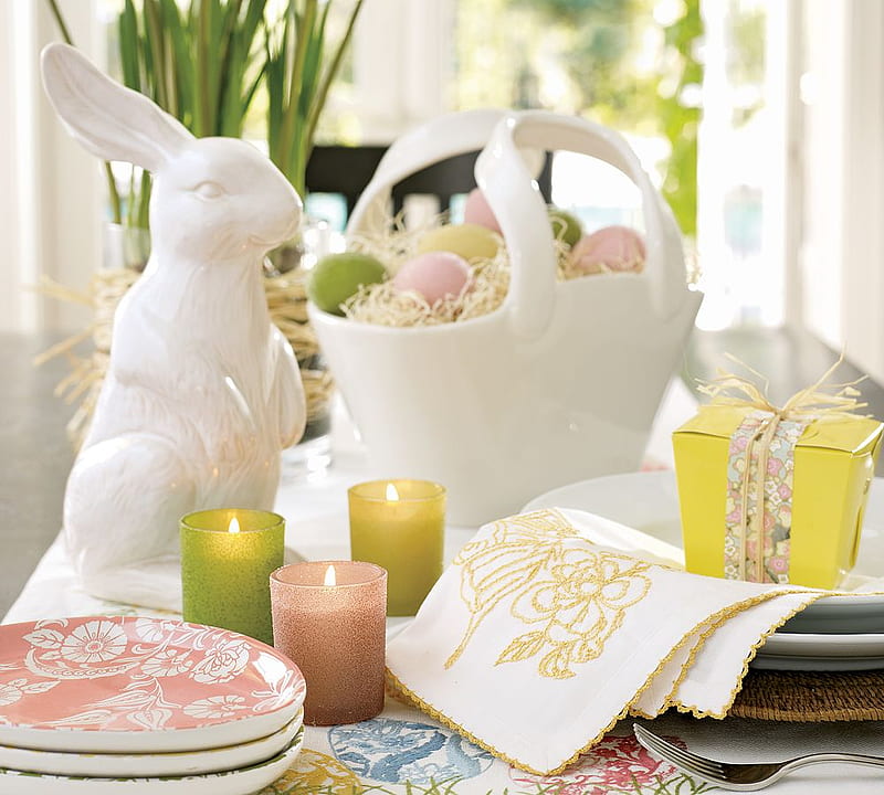 ~~ Magic Easter ~~, magic, easter table, green, love, siempre, morning, pink, magnificent, light, ceramic figurines, fresh design, spring, blessings, candles, colored eggs, yellow present, basket, entertainment, precious, bunny, fashion, HD wallpaper