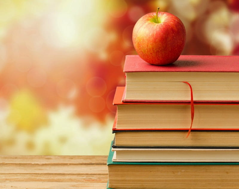 Books and apple, apple, table, books, fruits, HD wallpaper