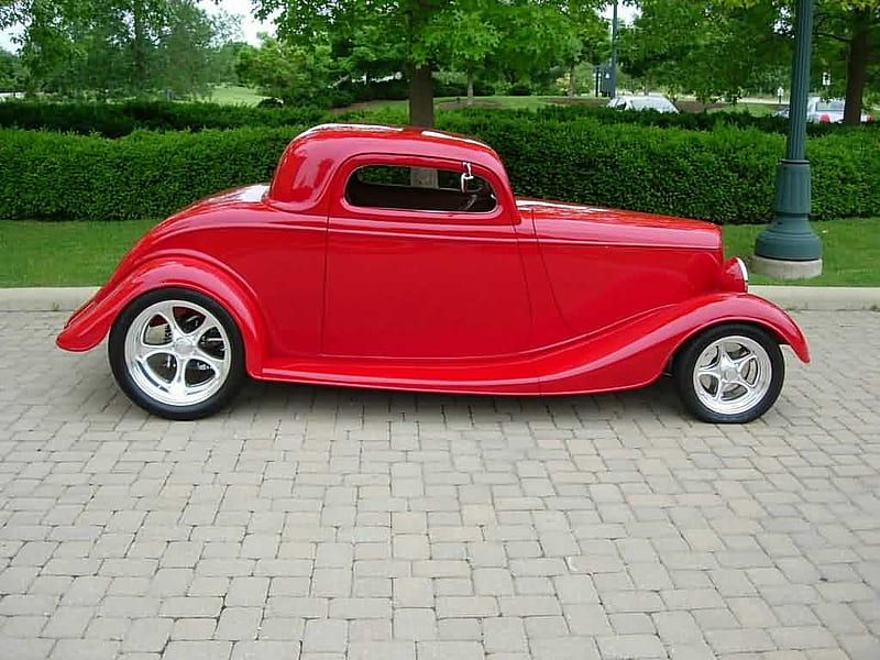 1933 Ford Coupe, red, 33, window, rod, three, custom, coupe, antique, hotrod, ford, hot, classic, 1933, 3, street, vintage, HD wallpaper