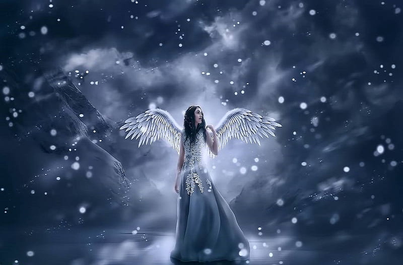 Winter Angel, wings, snow, mountains, angel, clouds, sky, winter, stars, girl, ice, HD wallpaper