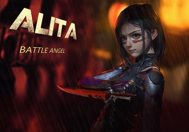 alita: battle angel, animation, raining, bodysuit, artwork, knife, Movies, HD wallpaper