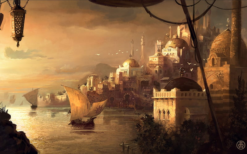 Fantasy, City, Boat, HD wallpaper