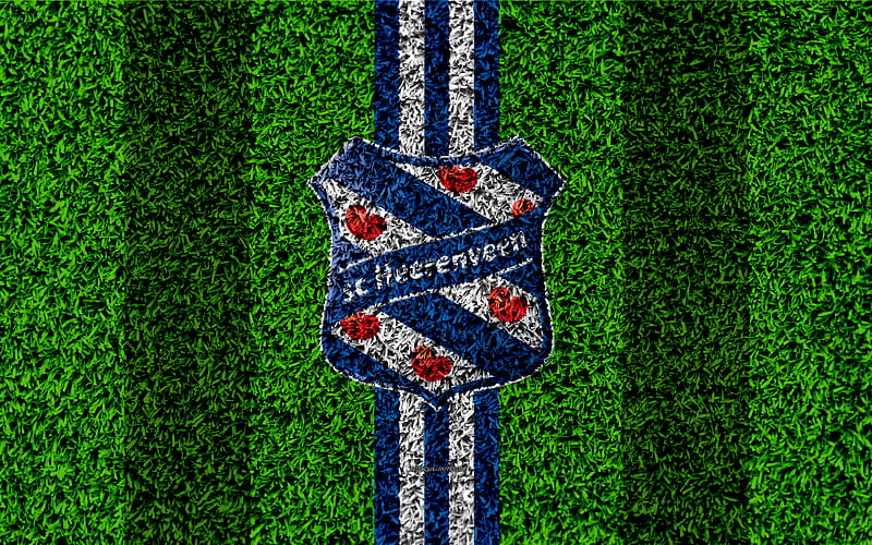 Heerenveen FC emblem, football lawn, Dutch football club, logo, grass texture, Eredivisie, blue white lines, Heerenveen, Netherlands, football, SC Heerenveen, HD wallpaper
