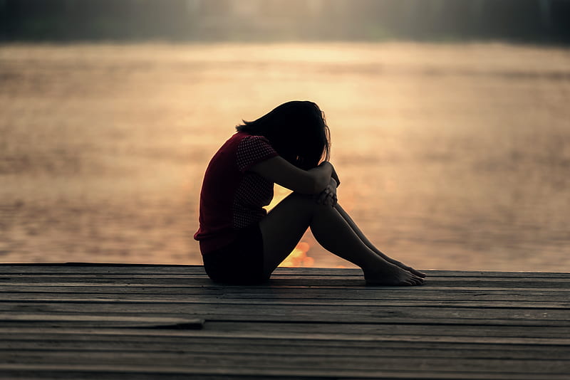 Sad Girl Sitting On Dock Silhouette, sad, alone, graphy, pier, silhouette, HD wallpaper