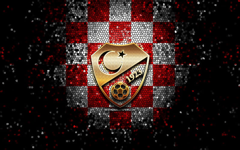 Turkish football team, glitter logo, UEFA, Europe, red white checkered background, mosaic art, soccer, Turkey National Football Team, TFF logo, football, Turkey, HD wallpaper